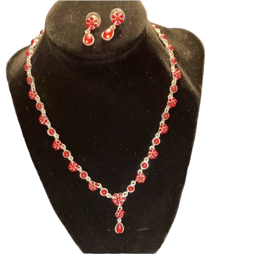 Vintage LA Red Floral Necklace and Earrings